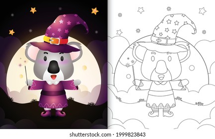 libro de colorear con un lindo koala usando halloween de bruja de disfraces