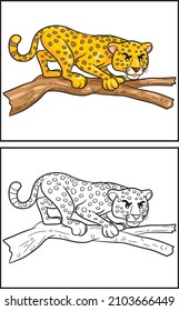 Coloring book cute leopard. Coloring page and colorful clipart character. Vector cartoon illustration.