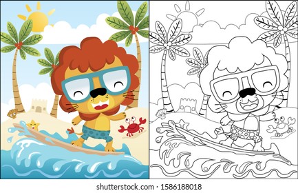 coloring book of cute lion cartoon surfing in the beach at summer holiday