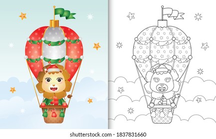 coloring book with a cute lion christmas characters on hot air balloon with a santa hat, jacket and scarf