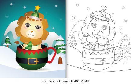 coloring book with a cute lion christmas characters with a hat and scarf in the elf cup