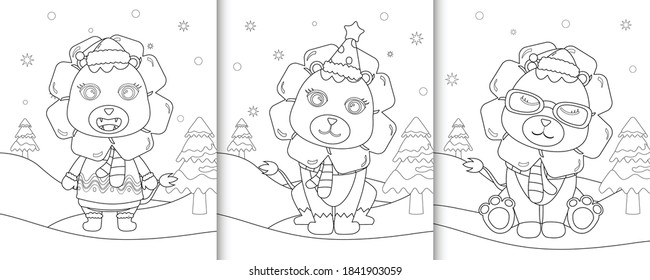coloring book with cute lion christmas characters