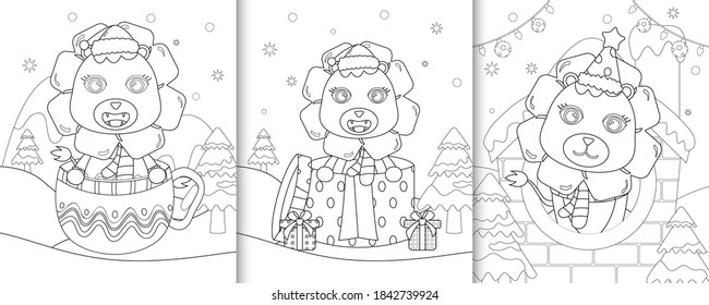 coloring book with cute lion christmas characters 