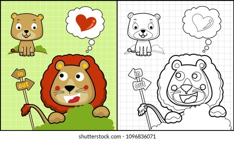 Coloring book of cute lion couple cartoon