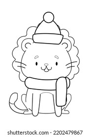 coloring book with a cute lion in a hat and scarf