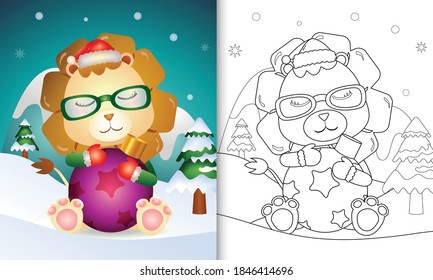 coloring book with a cute lion hug christmas ball