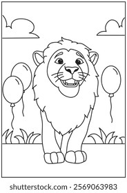 Coloring book cute lion pose with balloon in background 