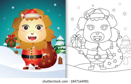coloring book with a cute lion using santa clause costume