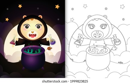 libro de colorear con un león lindo usando halloween de bruja de disfraces
