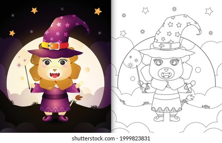coloring book with a cute lion using costume witch halloween