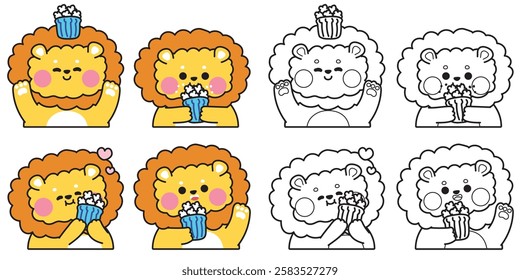 Coloring book.Set of cute lion in various poses with popcorn.Snack.Wild animal character cartoon.Painting book for kid.School.Page.Kawaii.Vector.Illustration.