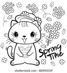 Coloring book, cute little cat wearing summer hat with butterflies illustration vector.