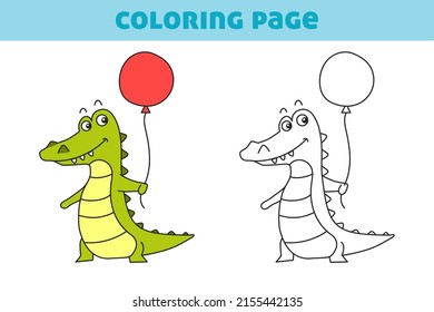 Coloring book with a cute little crocodile. A simple game for preschool children. Vector illustration for books, coloring book, home leisure and educational materials.