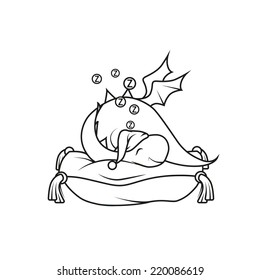 Coloring book: Cute little dragon sleeping on the pillow