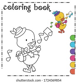 Coloring book a cute little duck is singing and playing the guitar wearing a hat and tie. Best coloring book page.