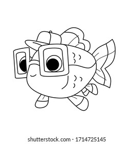 Coloring book cute little fish wearing hats and sunglasses go to school. 