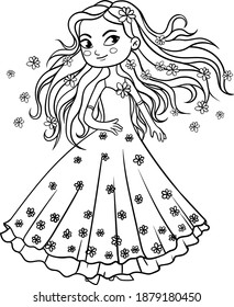 Coloring book. Cute little girl princess with long hair and flowers.