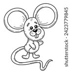 Coloring book cute little mouse with long tail sketch. Animal cartoon. Hand drawn illustration.