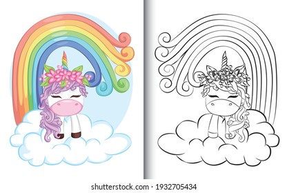 Coloring book Cute little purple magical unicorn with rainbow and cloud.