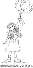 Coloring book of cute long-haired girl with shoes and balloons. Children's vector illustration