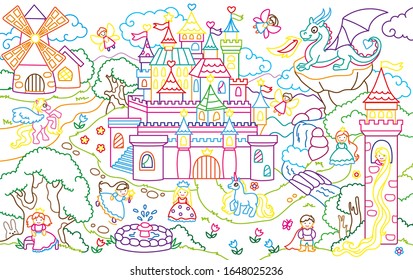 Coloring book of cute magical world in princesses and unicorns among castles and fountains
