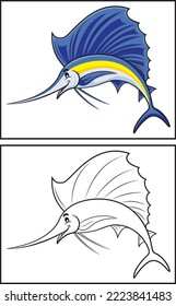 Coloring book cute marlin fish. Coloring page and colorful clipart character. Vector cartoon illustration.