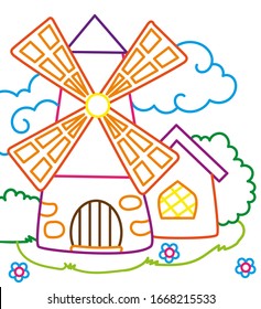 Coloring book of cute mill in rural landscape from fairy tale
