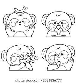 Coloring book.Set of cute monkey in various poses with banana fruit.Wild animal character cartoon.Painting book for kid.School.Page.Kawaii.Vector.Illustration.