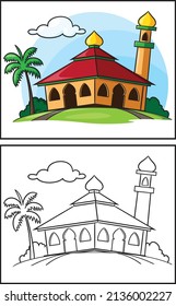 Coloring book cute mosque. Coloring page and colorful clipart character. Vector cartoon illustration.