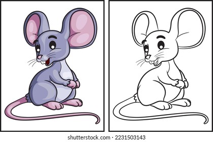 Coloring book cute mouse. Coloring page and colorful clipart character. Vector cartoon illustration.