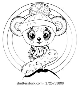Coloring book cute mouse snowboarder