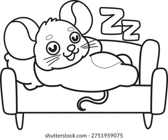 Coloring book of Cute Mouse sticker icon. Outline of Mouse laying in the couch