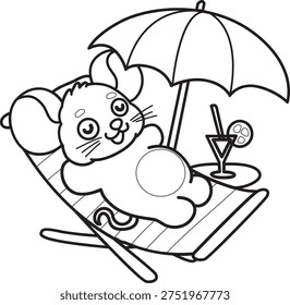 Coloring book of Cute Mouse sticker icon. Outline of Mouse laying in the beach 