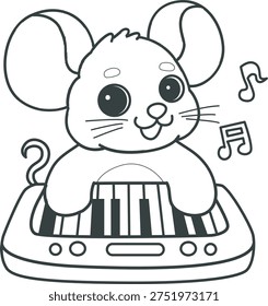 Coloring book of Cute Mouse sticker icon. Outline of Mouse playing a piano