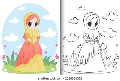 coloring book of Cute muslim character. For preschool education kindergarten and kids and children