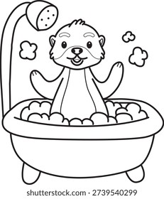 Coloring book of Cute Otter sticker icon. Outline of Otter take a bath