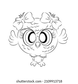 Coloring book, cute owl, beautiful Outline illustration isolated on white background. one line. Coloring book for children and adults. Print for t-shirt, cup, children's clothing. Vector illustration