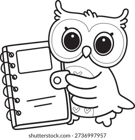 Coloring book of Cute Owl sticker icon. Outline of Owl bring a book