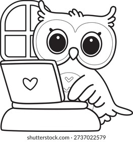Coloring book of Cute Owl sticker icon. Outline of Owl typing with notepad