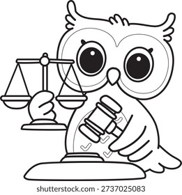 Coloring book of Cute Owl sticker icon. Outline of Owl bring a hammer and scales