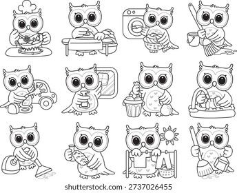 Coloring book of Cute Owl sticker icon. Outline of Owl in the variation of chores and laundry