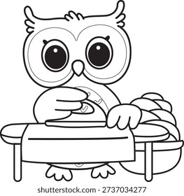 Coloring book of Cute Owl sticker icon. Outline of Owl ironing the clothes