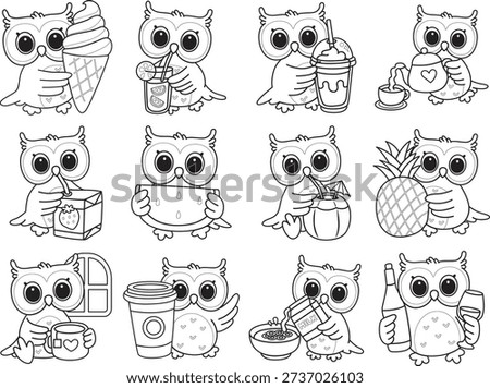 Coloring book of Cute Owl sticker icon. Outline of Owl in the variation of drink and beverage