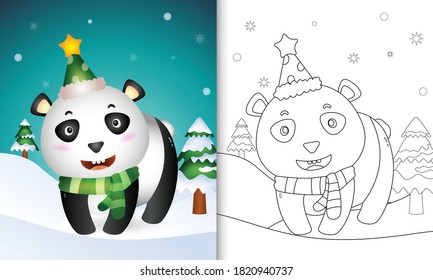 coloring book with a cute panda christmas characters collection with a hat and scarf