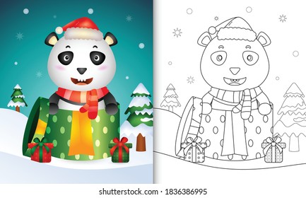 coloring book with a cute panda christmas characters using santa hat and scarf in the gift box