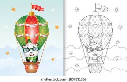 coloring book with a cute panda christmas characters on hot air balloon with a santa hat, jacket and scarf