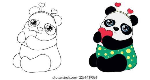 Coloring book cute panda with heart, Vector illustration panda color and black and white.Clipart panda.