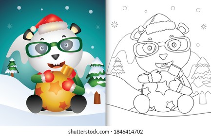 libro de colores con un lindo panda abrazando la bola de navidad