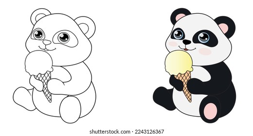Coloring book cute panda with ice cream,Print panda,Vector illustration panda color and black and white