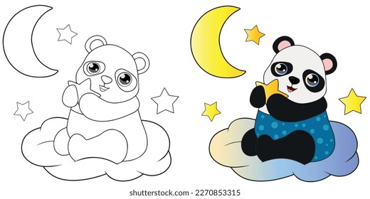 Coloring book cute panda on a cloud.Vector illustration panda color and black and white. Clipart panda.Sweet dreams drawing.